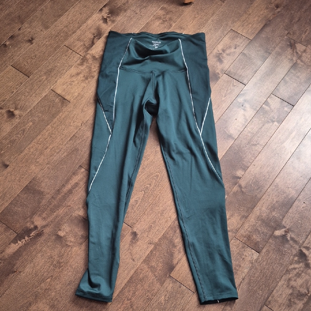 Reebok Dark Green Leggings with White Trim Medium Women